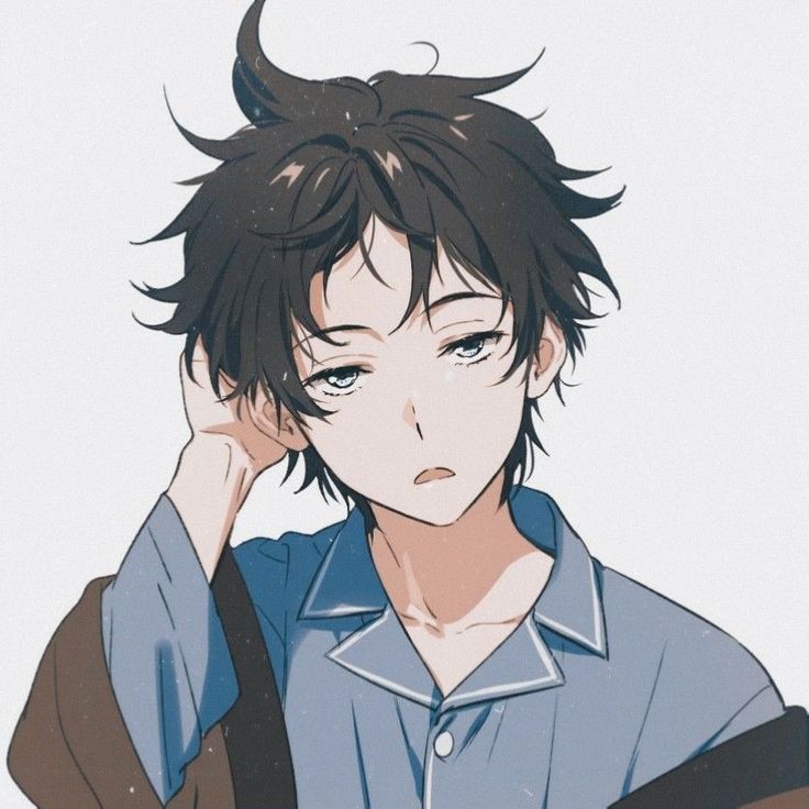 an anime character with black hair and blue shirt holding his hand up to his ear