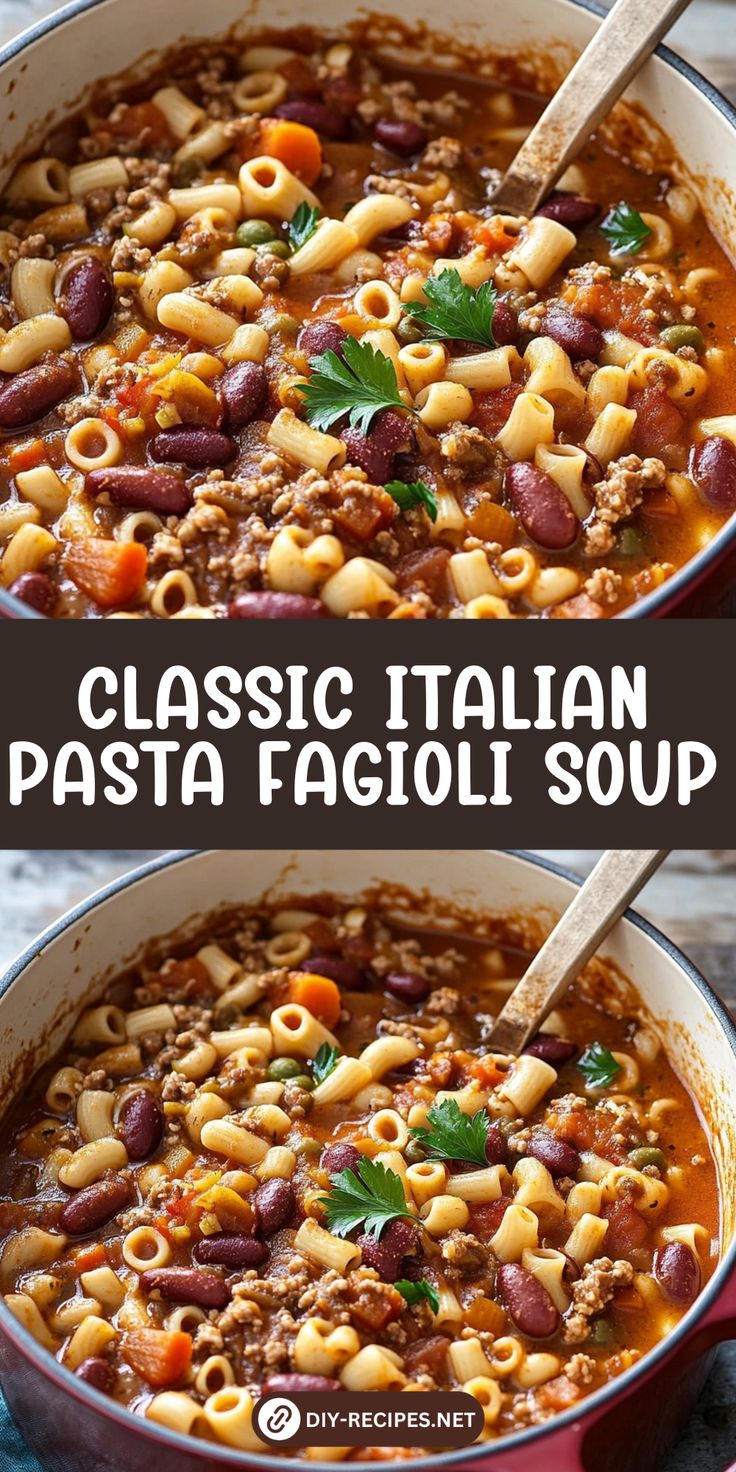 two pictures showing different types of pasta in a red pot with the words classic italian pasta fagioi soup