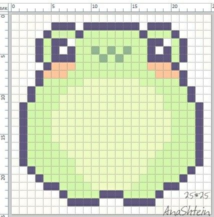 a cross stitch pattern with an image of a green frog on it's face