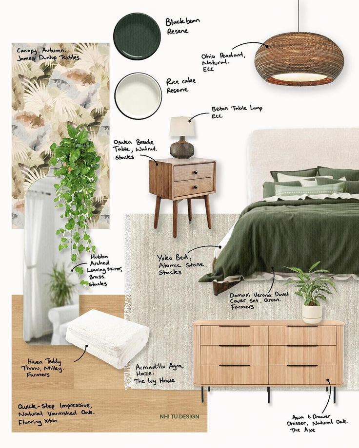 a bedroom with green and white decor, wood furniture, plants and wallpapers