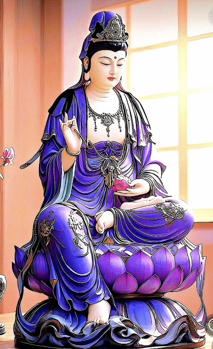 a buddha statue sitting on top of a purple cushion