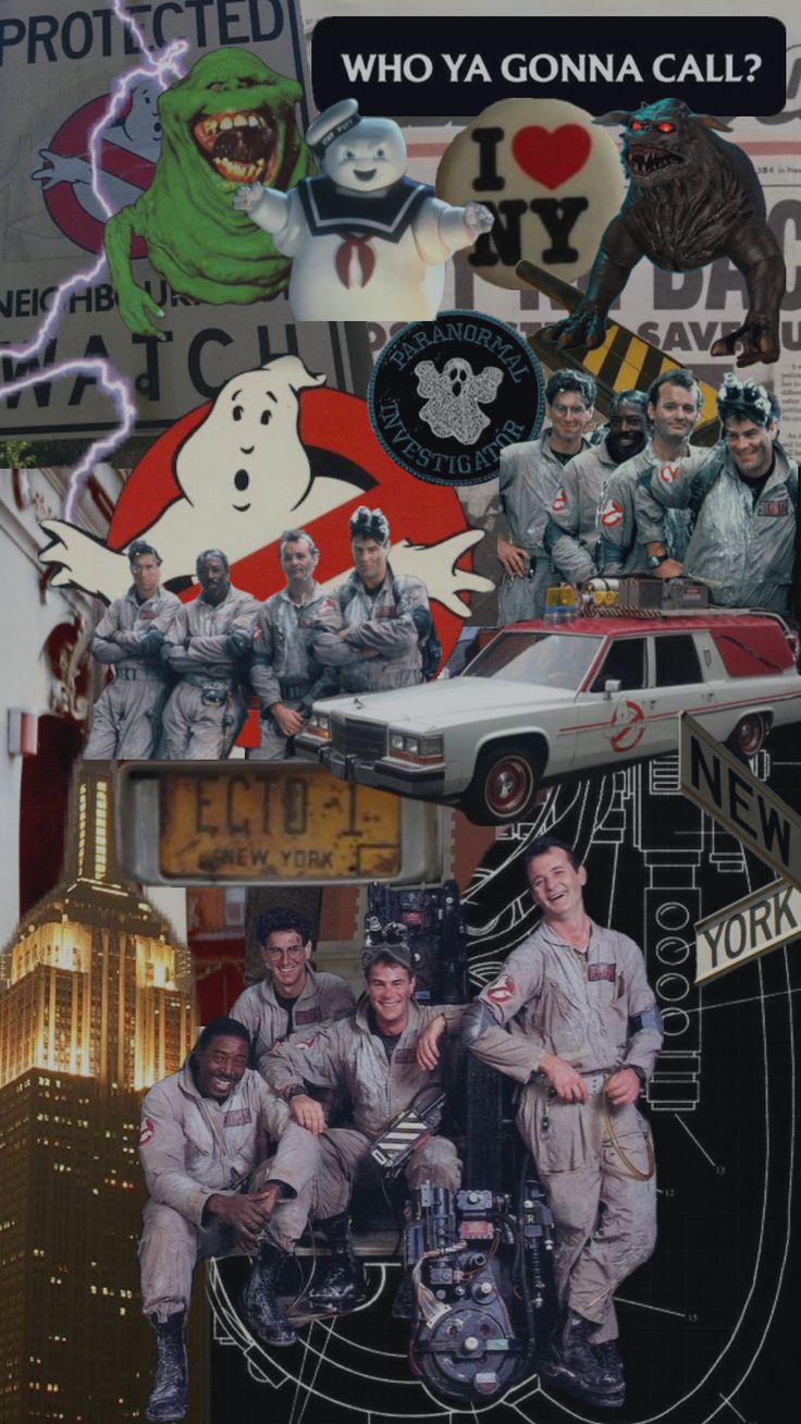 the collage has many different pictures and words on it, including an image of ghostbus