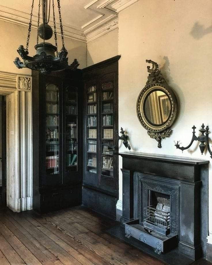 a room with a fireplace, bookshelf and mirror