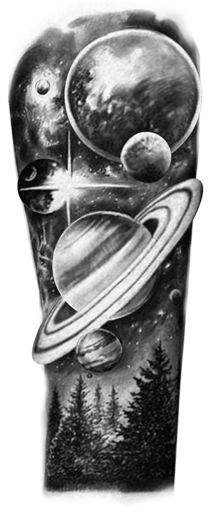 an arm tattoo with planets and trees on the side, in black and grey ink