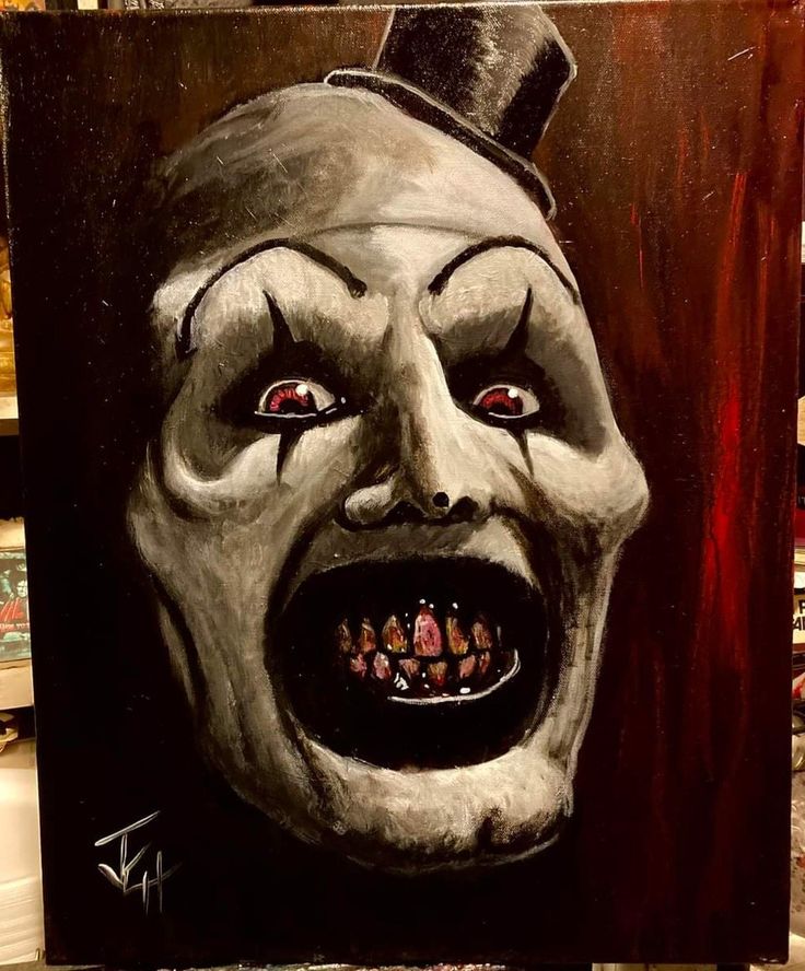 a painting of a creepy clown with red eyes