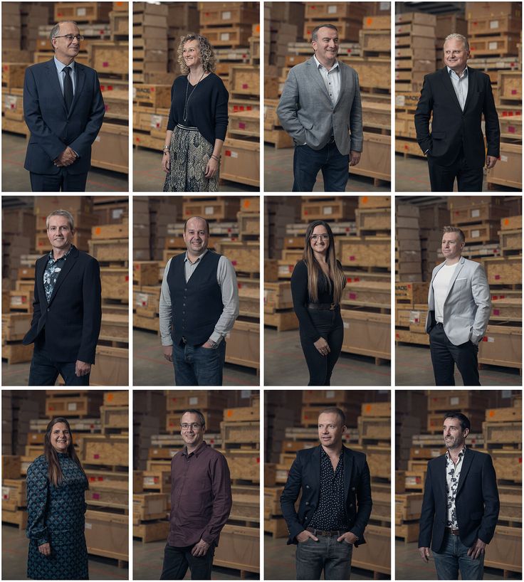 many different pictures of people standing in front of stacks of boxes and wearing suits with ties