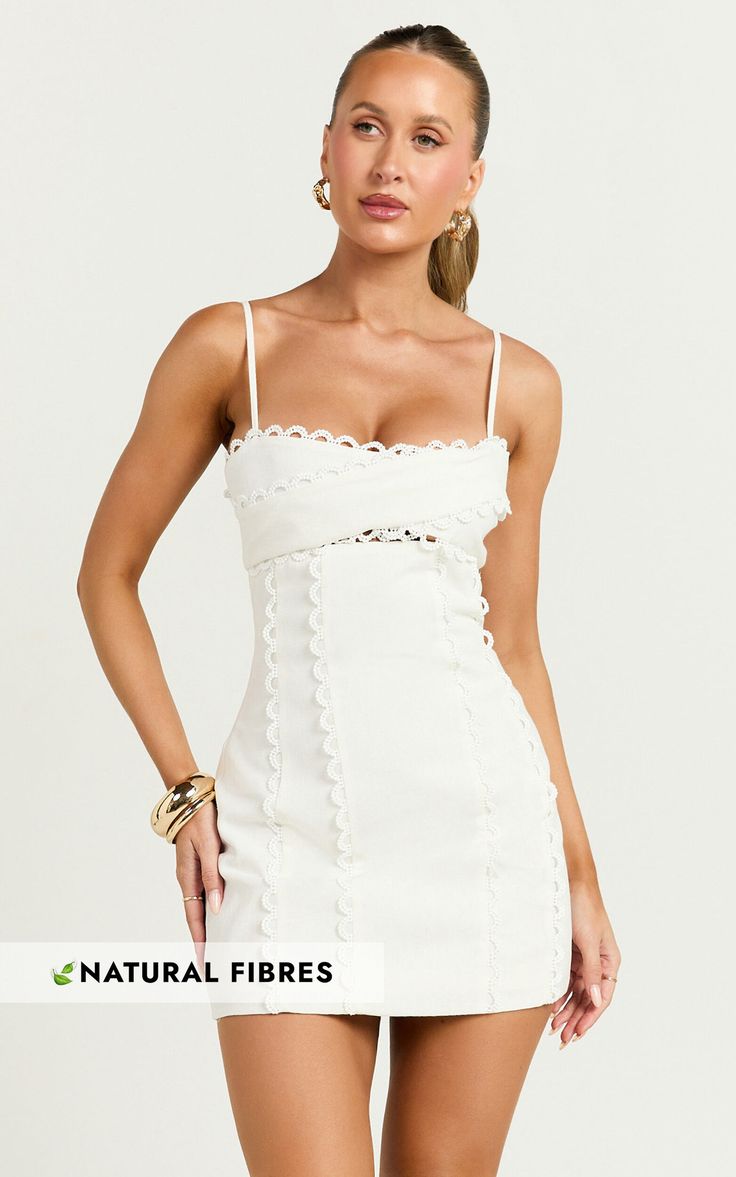 Gigi Mini Dress - Sweetheart Tie Back Scallop Detail Dress in Off White Showpo White Dress, Grad Party Dress Casual, Birthday Summer Dress, White Semi Formal Dresses, Chic Cream Mini Dress With Spaghetti Straps, Cream Fitted Mini Dress With Spaghetti Straps, Fitted Off White Mini Dress With Lace Trim, Off White Dresses With Spaghetti Straps, Chic Lace Mini Dress With Sweetheart Neckline