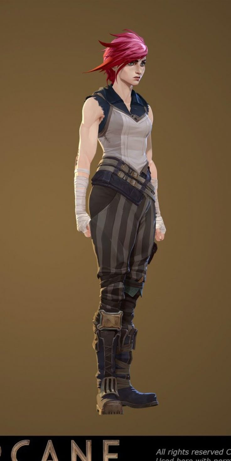 a woman with red hair and boots standing in front of a brown background that says arcane