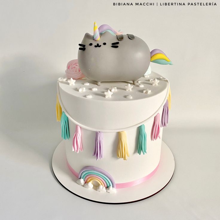 a white cake with a cat on top and rainbow tassels