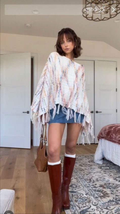 3 Clothing Insider facts Each Young lady Ought to Be aware - Fashion Tips Tricks Denim Skirt Tall Boots Outfit, Multicolored Skirt Outfit, Long Skirt Chunky Sweater, 2023 Boho Outfits, Styling Poncho Outfit, Outfit With Poncho, Talk Brown Boots Outfit, Red Brown Boots Outfit, Poncho And Skirt Outfit