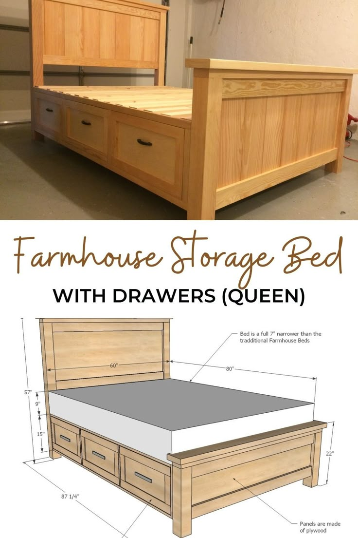 an image of a bed with drawers in the bottom and bottom side, labeled farmhouse storage bed with drawers queen