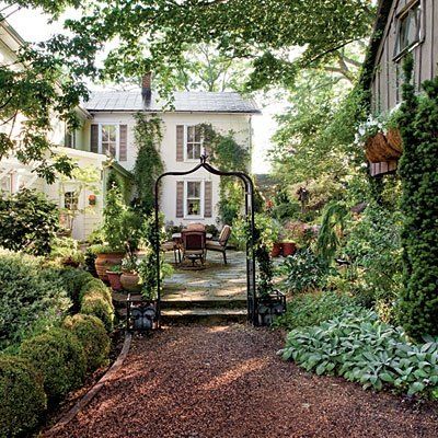 an outdoor garden with lots of plants and trees in front of a white house on a sunny day