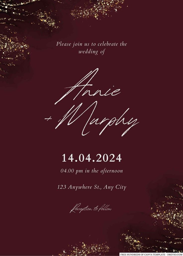 an elegant wedding card with gold glitters on the dark red background and white lettering