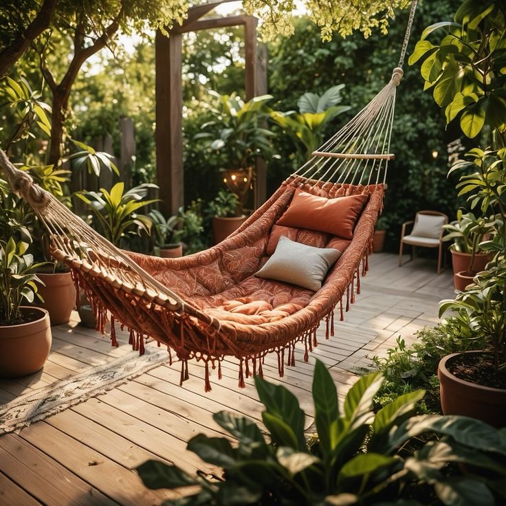 a hammock hanging in the middle of a wooden deck surrounded by potted plants