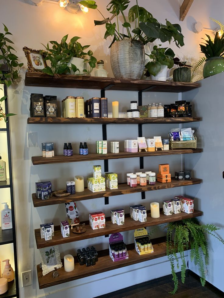 shelves with candles and plants on them in a store or salon area, along with other items