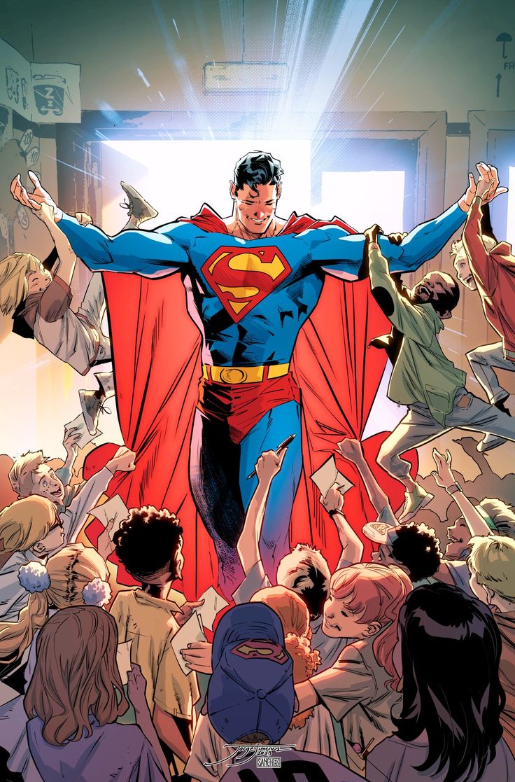 superman standing in front of a crowd of people