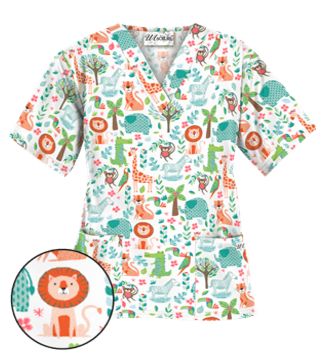 UA Day At The Zoo White Scrub Top Style # PC62DZW  #uniformadvantage #uascrubs #adayinscrubs #scrubs #printscrubs #scrubtop #animal #animalscrubs Pediatric Nursing Scrubs, Scrub Outfits, Veterinary Scrubs, Nurse Accessories, Peds Nurse, White Scrubs, Nurse Scrubs, Nursing Scrubs, Scrubs Outfit