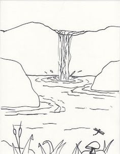 a black and white drawing of a waterfall in the middle of a lake with grass