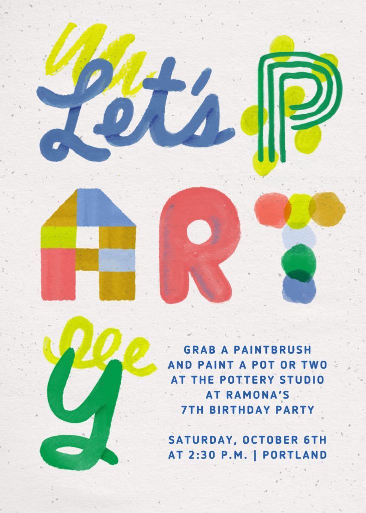 a poster with the words let's party on it in different colors and shapes