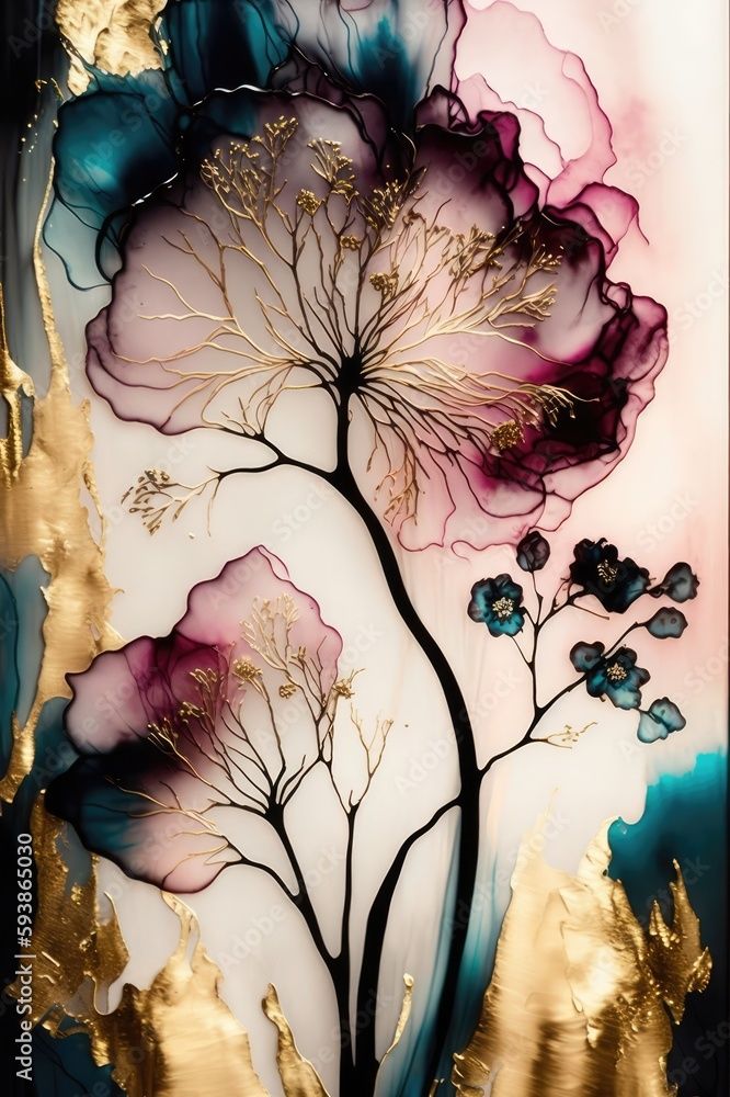 an abstract painting with flowers and gold leafy branches in blue, pink and white colors