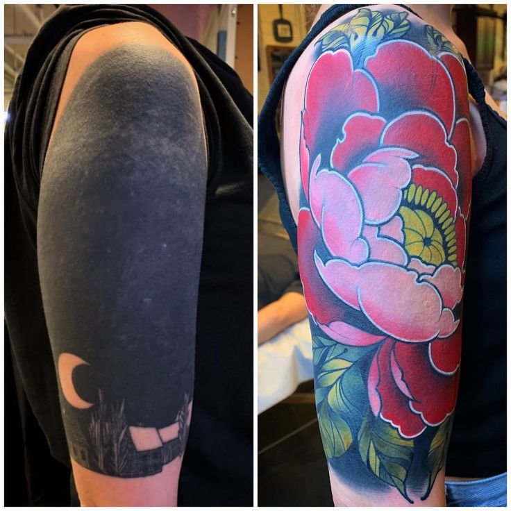 two images show the same tattoo on both arms and shoulder, one with flowers in it