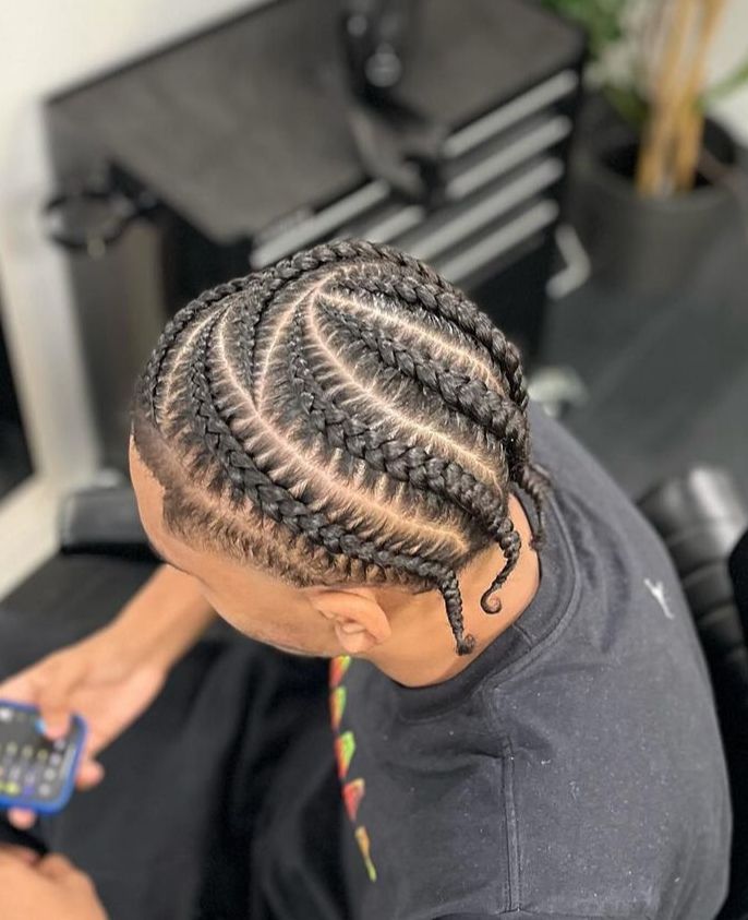 Sideway Braid Hairstyles, Hairstyles For Men Twist, Men’s Hair Styles Cornrows, 8 Braids Cornrows For Men, Corn Rows With Design, 4 Men’s Braids, Black Mens Hairstyles Braids, Braid Hairstyle For Men, Plaits Box Braids Men