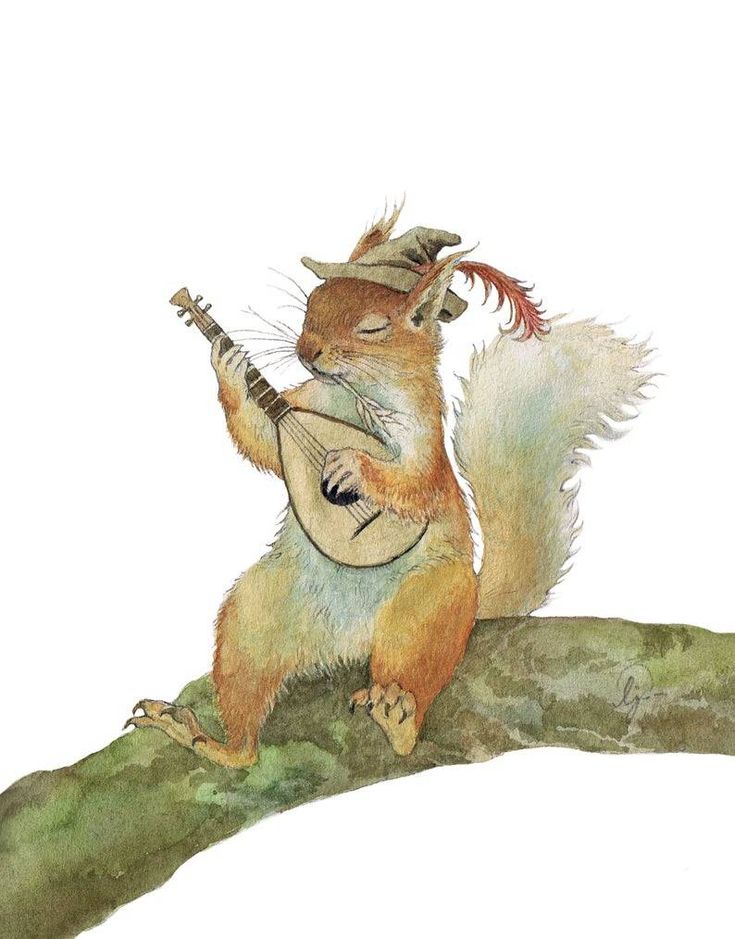 a watercolor painting of a squirrel playing the guitar on a tree branch with its tail curled up