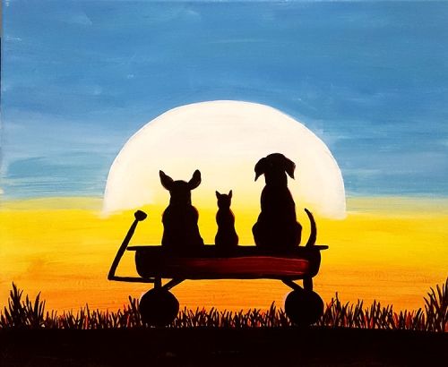 two dogs and three cats sitting on a wagon in front of the moon with grass