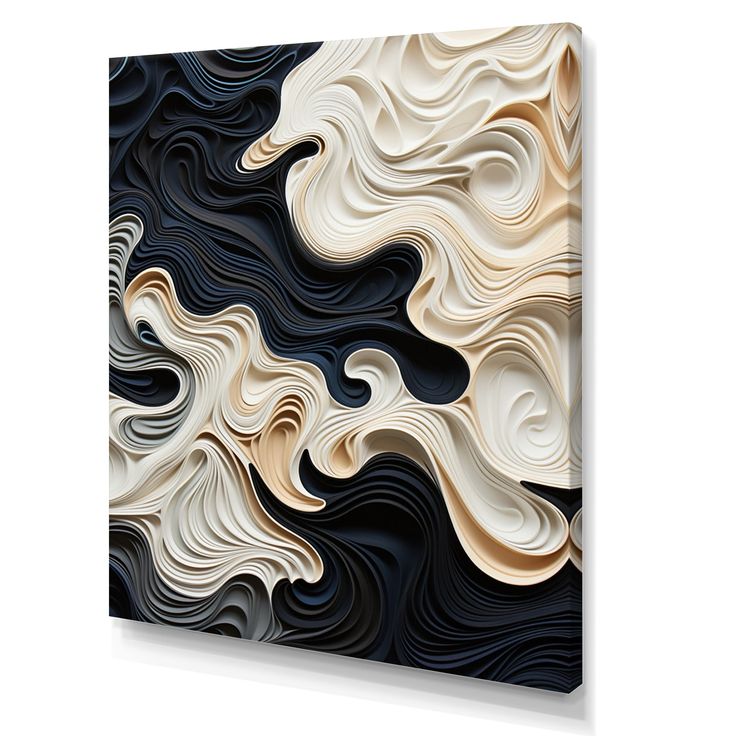 an abstract black and white painting with wavy lines on the side, in front of a white