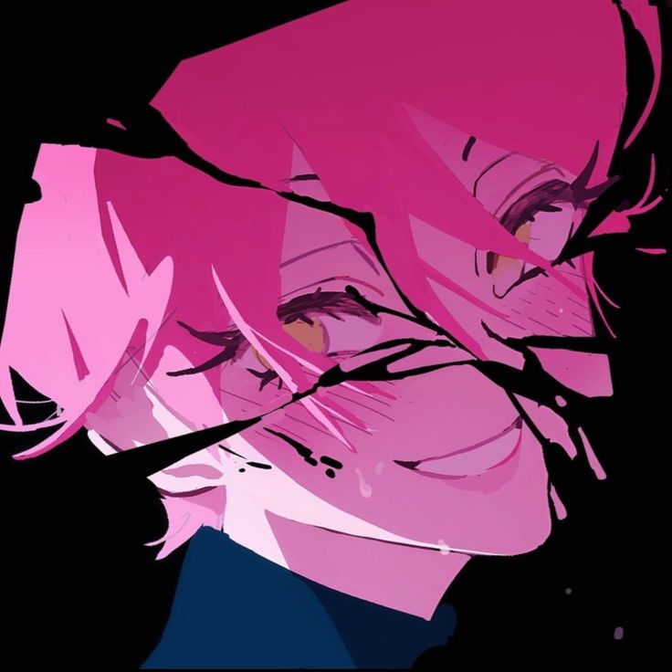 an anime character with pink hair and blue eyes looking to the side in front of a black background