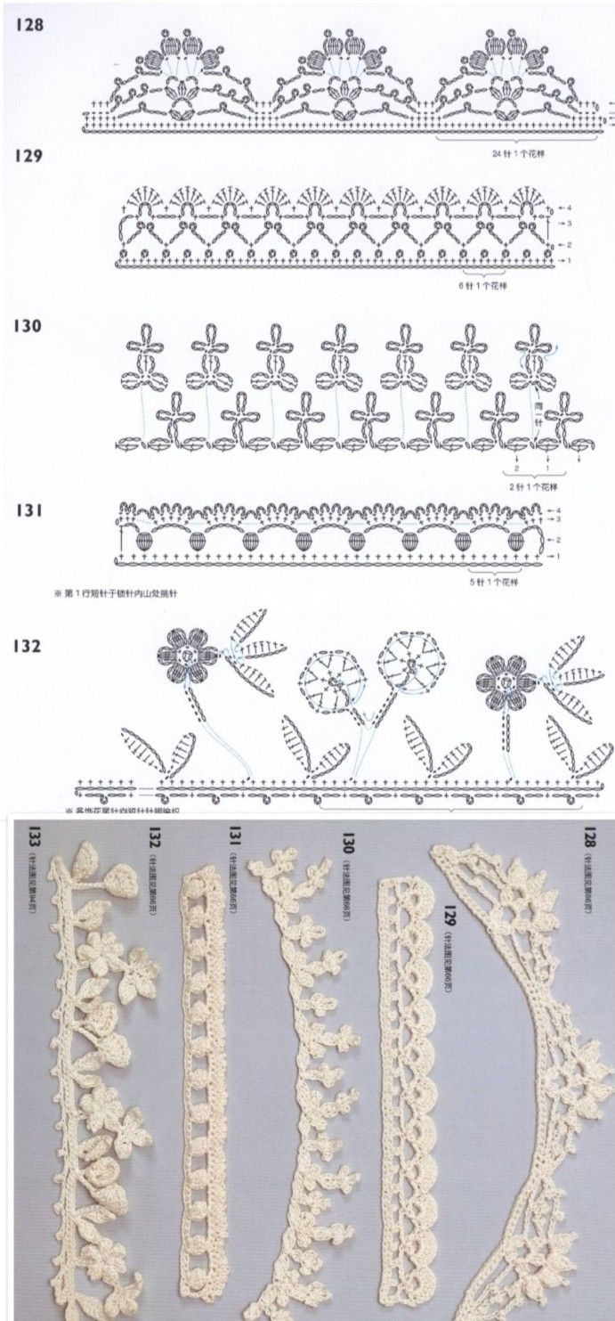 four different types of crochet laces and the same pattern for each piece