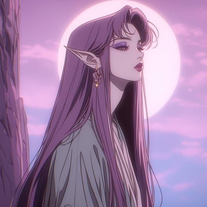 a woman with long purple hair standing in front of a full moon and looking off into the distance