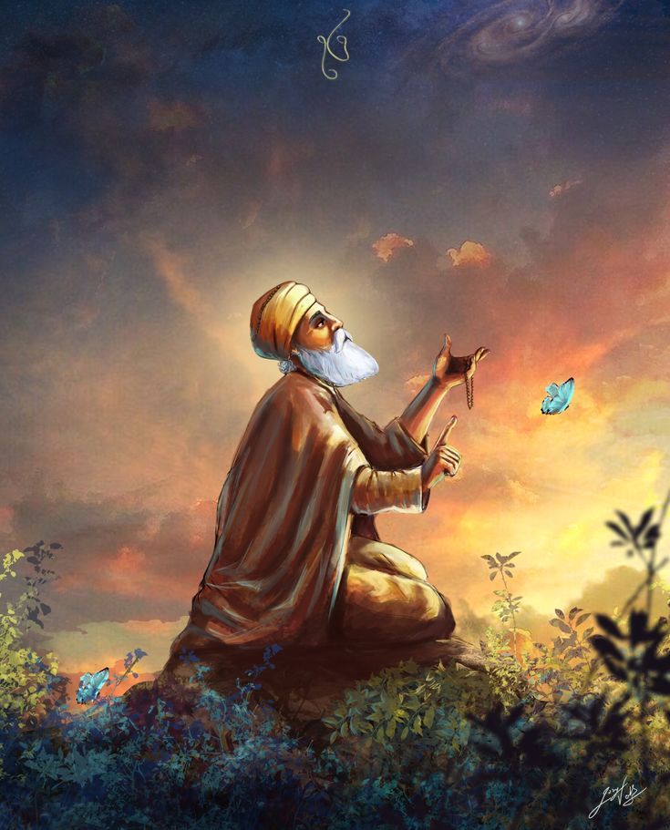 a painting of an old man sitting on the ground with a butterfly in his hand