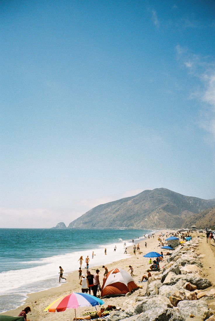 many people are on the beach with umbrellas