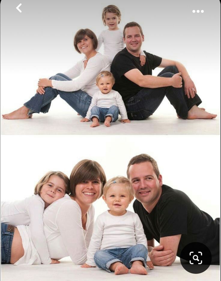 two pictures of a family posing for the camera