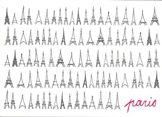 the eiffel tower is shown in black and white, with many different sizes