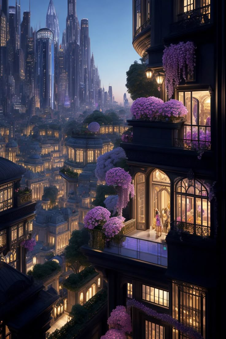 the city is lit up at night with purple flowers on the windows and balconies