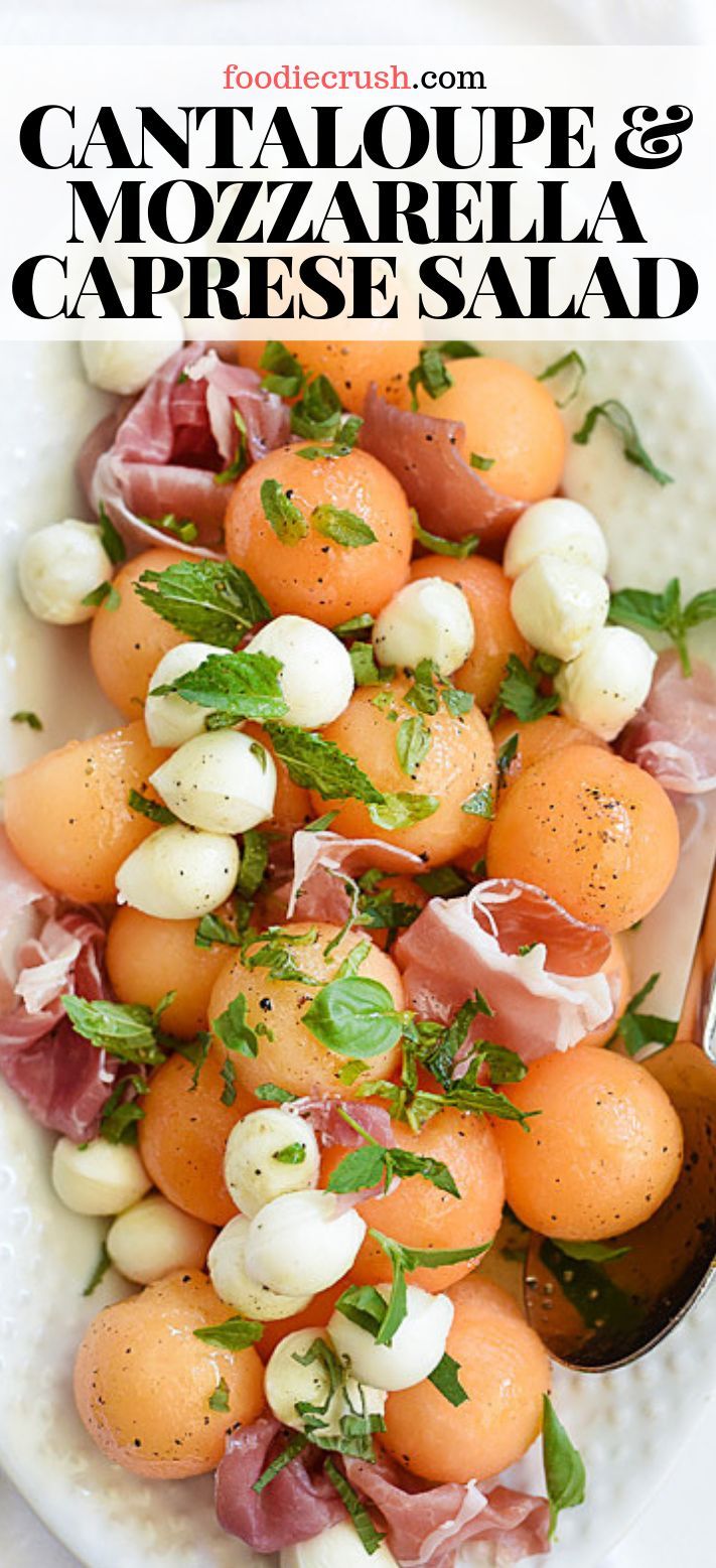 cantaloupe and mozzarella caprese salad on a white plate