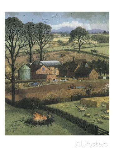 an image of a farm scene with animals in the field and sheep grazing on the grass