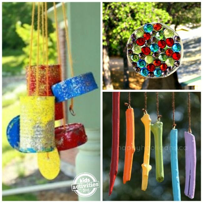 four different pictures of colorful objects hanging from chains