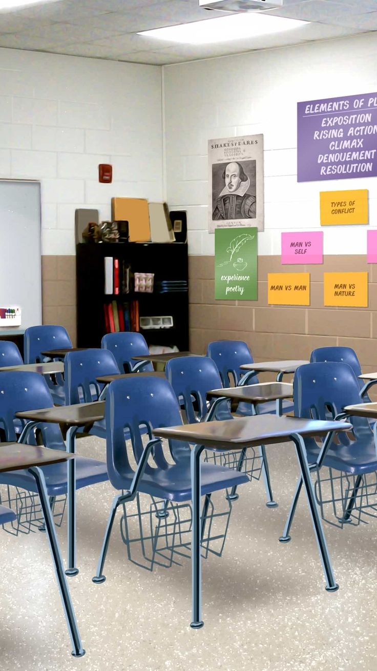 an empty classroom with desks and chairs