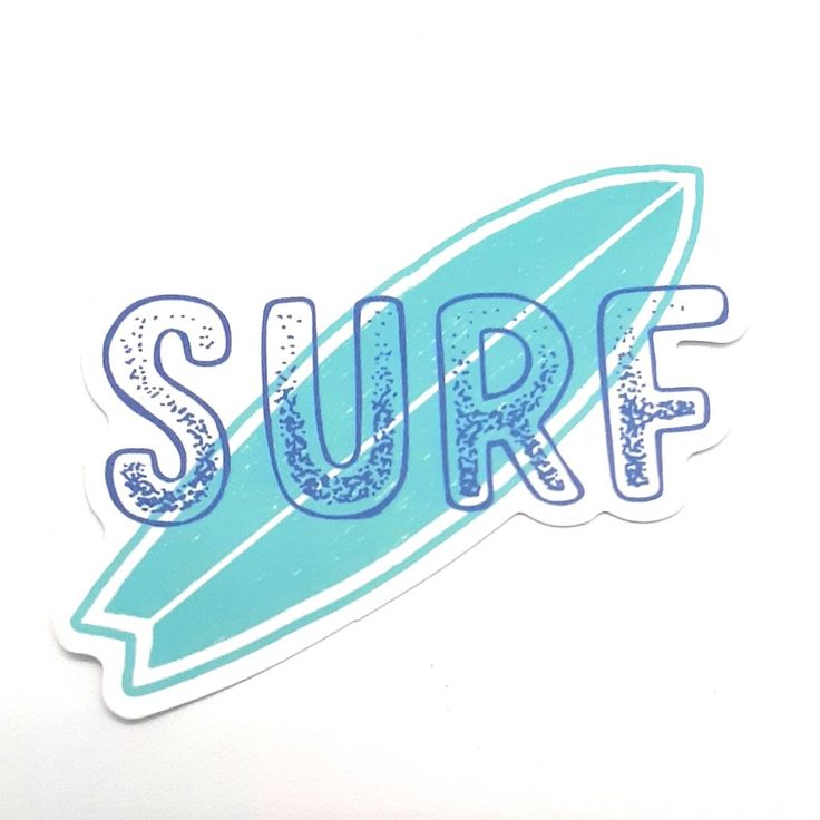 a sticker with the word surf on it and a blue surfboard in the background