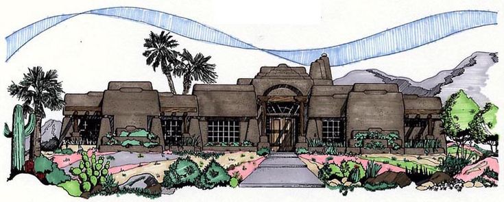 a drawing of an adobe style house with palm trees and mountains in the back ground