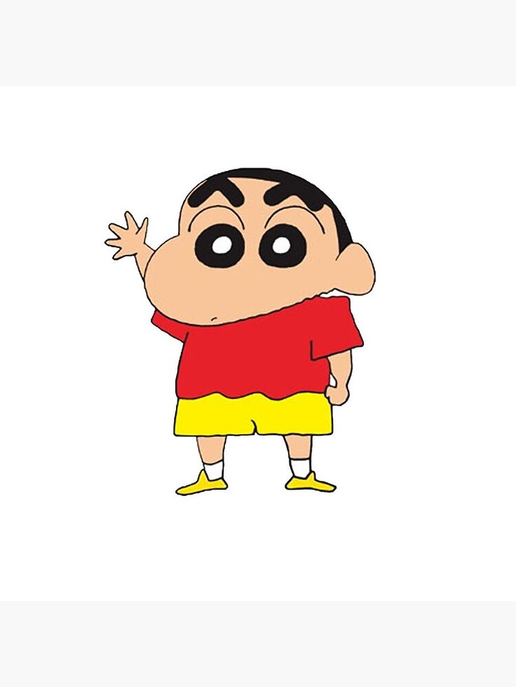 a cartoon character with black eyes and yellow shorts, holding his hands up in the air