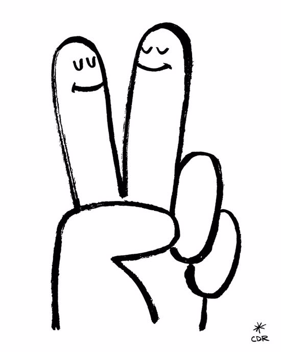 a cartoon hand with two fingers making the peace sign