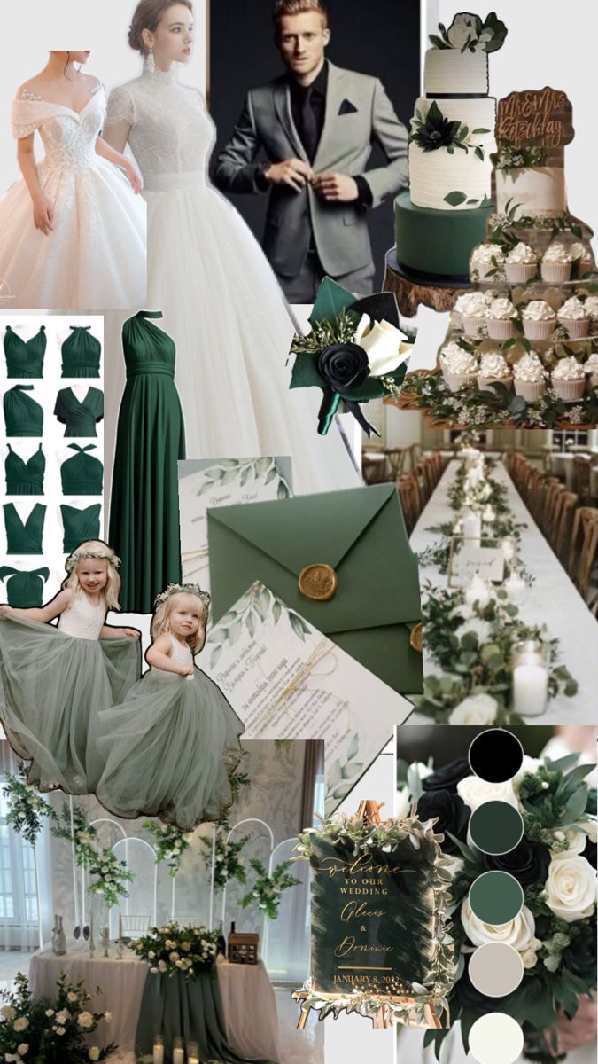 a collage of green and white wedding colors, including the bride's dress