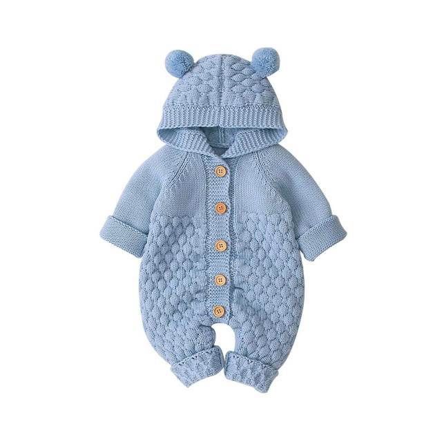 This gorgeous knitted jumpsuit will keep your little one cozy warm - and looking mighty cute! The adorable hood with little ears, lovely knitted pattern and soft feel make this an outfit you are going to adore! Cute Onesies For Babies, Onesies For Babies, Overalls Winter, Baby Romper Pattern, Winter Romper, Winter Newborn, Cute Onesies, Baby Overall, Jumpsuit Outfits