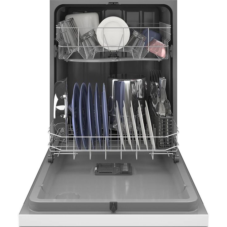 an open dishwasher with dishes and utensils in the bottom rack, on a white background