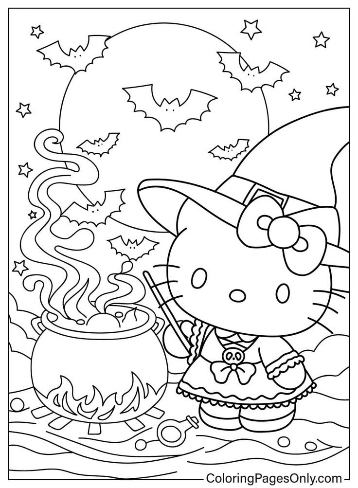 the hello kitty coloring page is full of cute witches and her cauldle pot