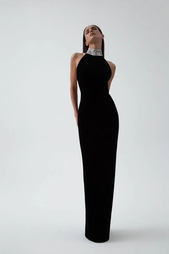 Velvet maxi dress with a crystal embellished neck black 9X010 – look stylish and feel comfortable. Shop now at Rasario and get free shipping Hollywood Attire, Korsett Dress, Black Tie Outfits, Velvet Maxi, Velvet Maxi Dress, Guest Attire, Satin Maxi Dress, Halter Maxi Dresses, Chiffon Maxi Dress